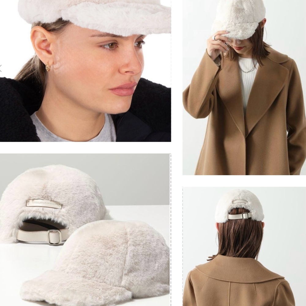 STELLA McCARTNEY IVORY FAUX FUR CAP, FEATURES CURVED PEAK, AN ADUSTIBLE STRAP - Picture 4 of 16